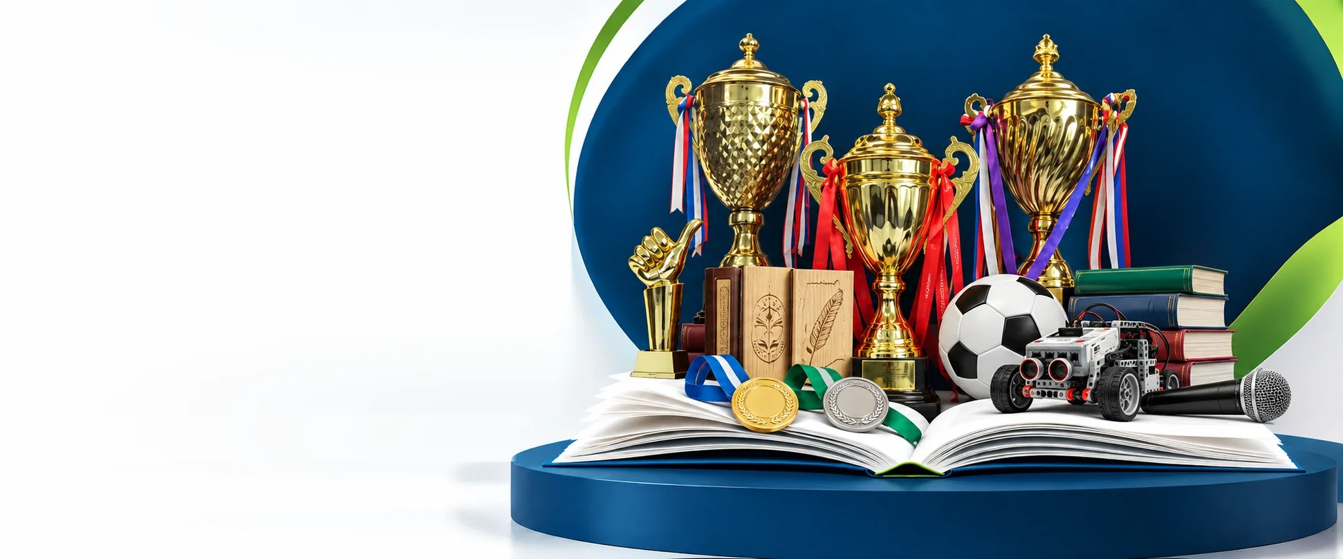 Gold trophies with ribbons, gold and silver medals, a football, a robotics kit, books and a microphone on an open book