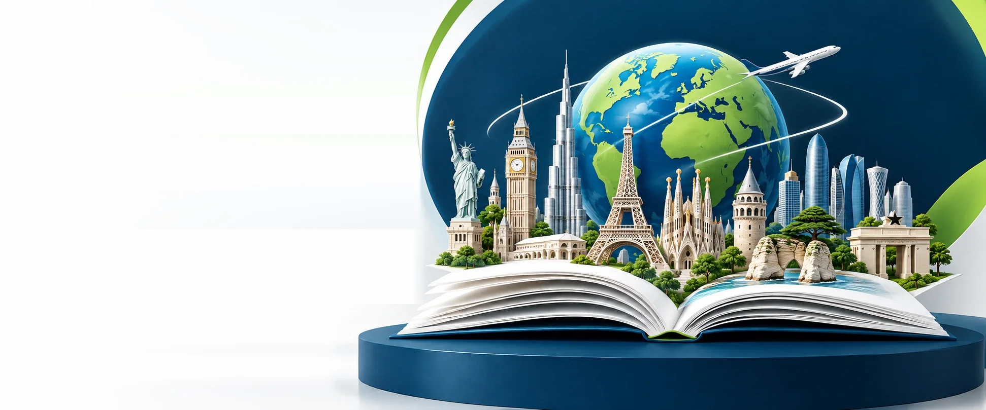World landmarks rising from an open book in front of a globe, with a plane circling