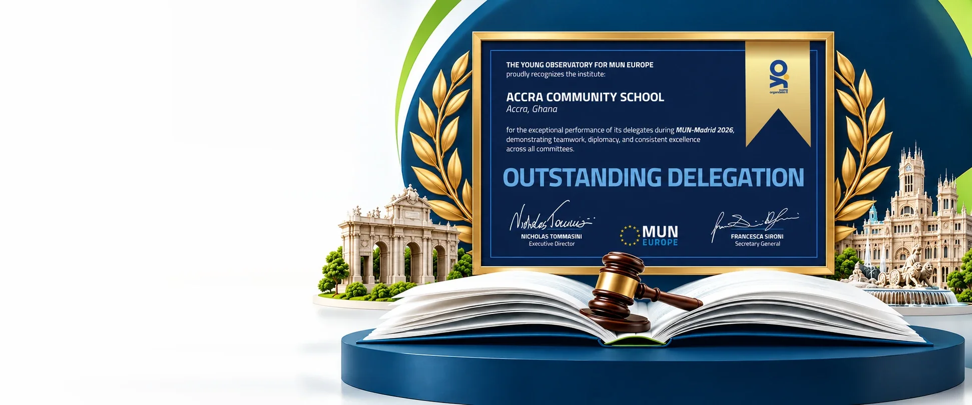 Outstanding Delegation certificate from the Young Observatory for MUN Europe, MUN-Madrid 2026, framed by golden laurels with a gavel on an open book between Madrid landmarks