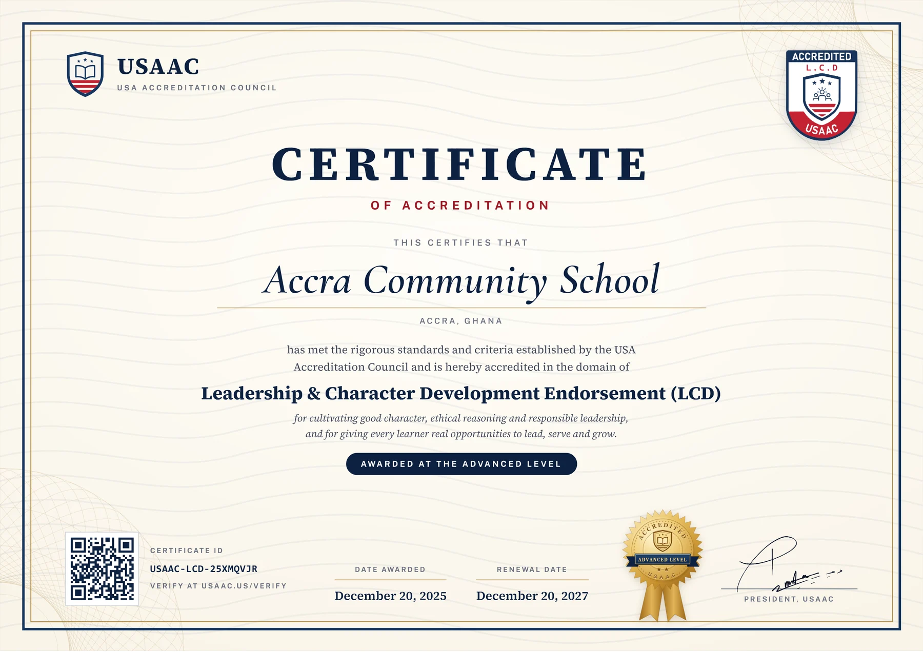 Accredited at the Advanced Level by the USA Accreditation Council
